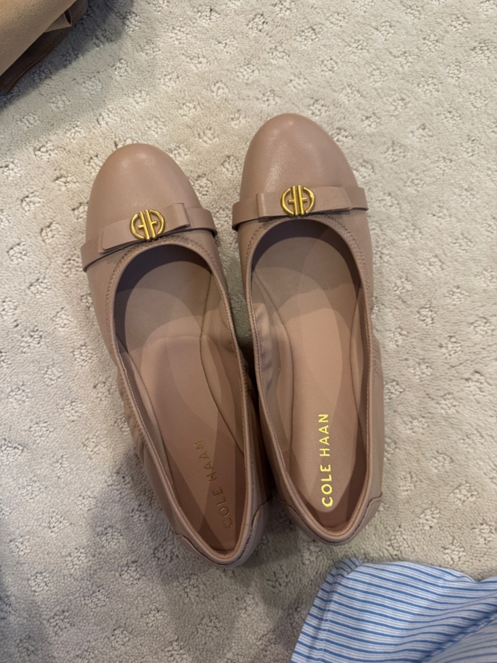 Cole Haan Nude Taupe Leather Ballet Flats with Gold Logo
